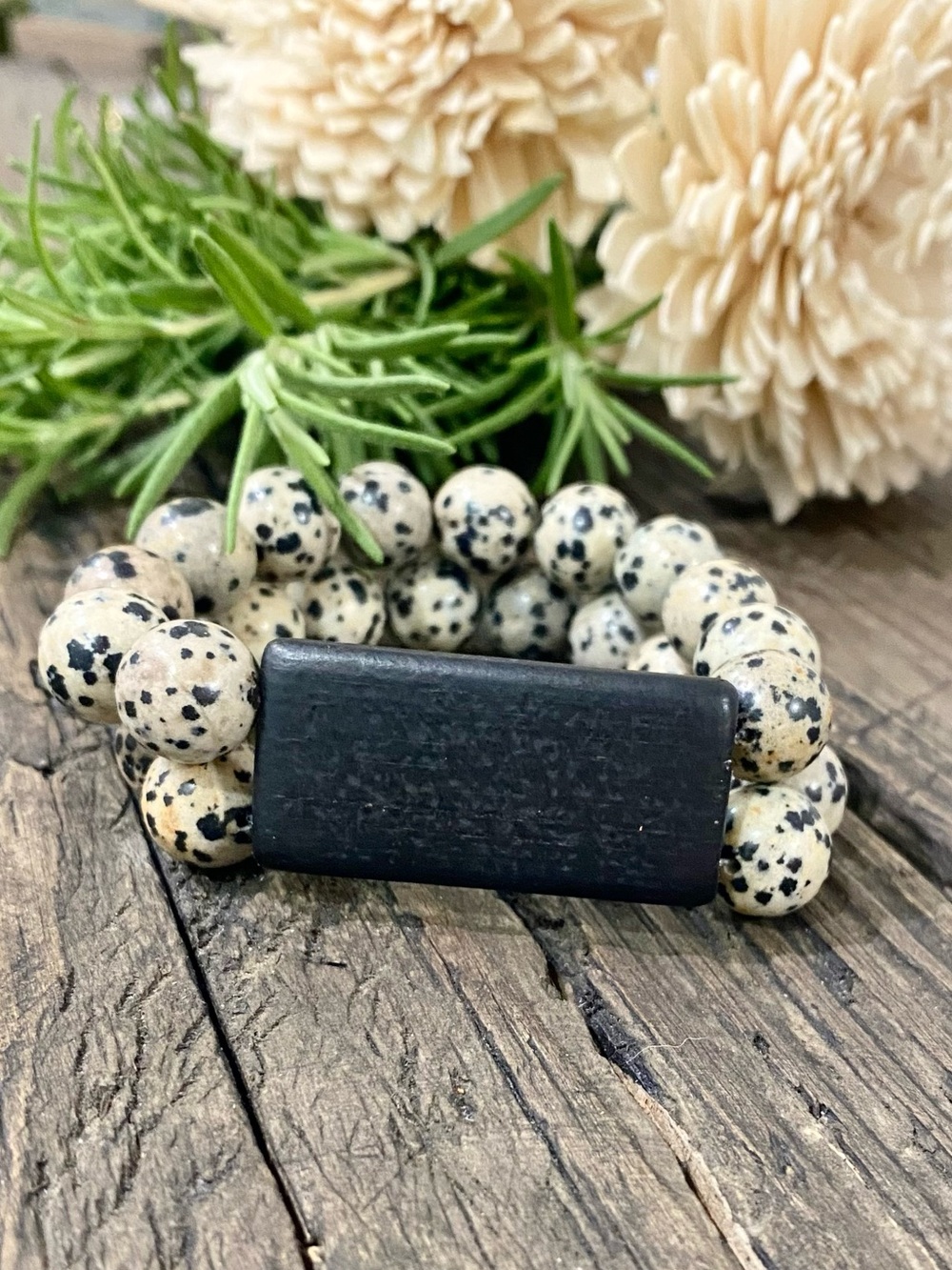 Dalmatian Jasper Beaded Stretch Bracelet with Matte Black Wood Accent